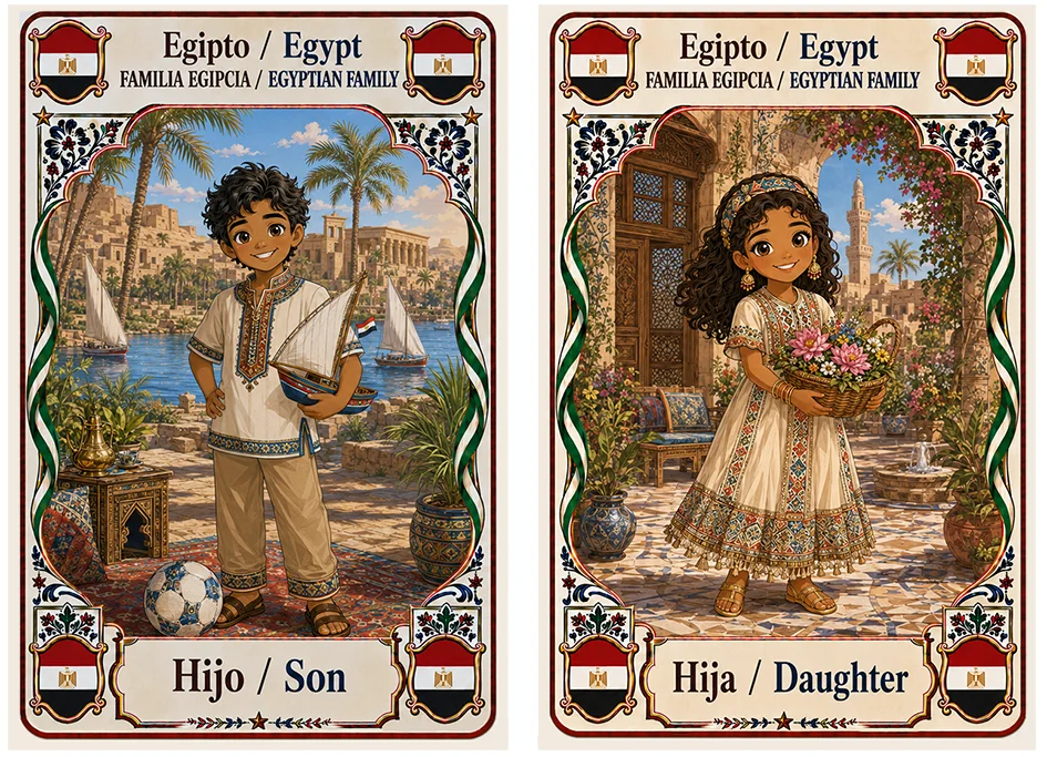 Juego de cartas familias del mundo. Egipto, hijo e hija.