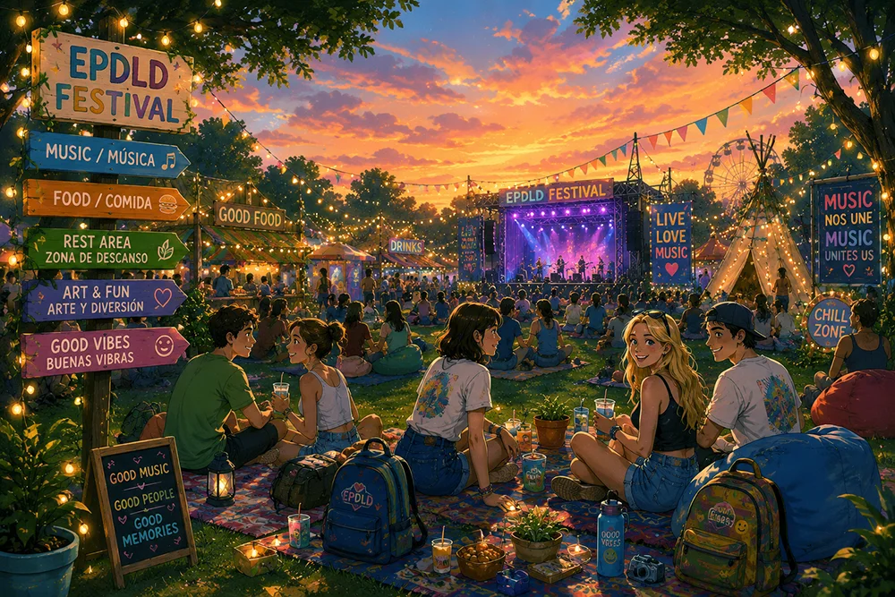 EPDLD Festival. Zona tranquila de un festival de música al atardecer con personas descansando.