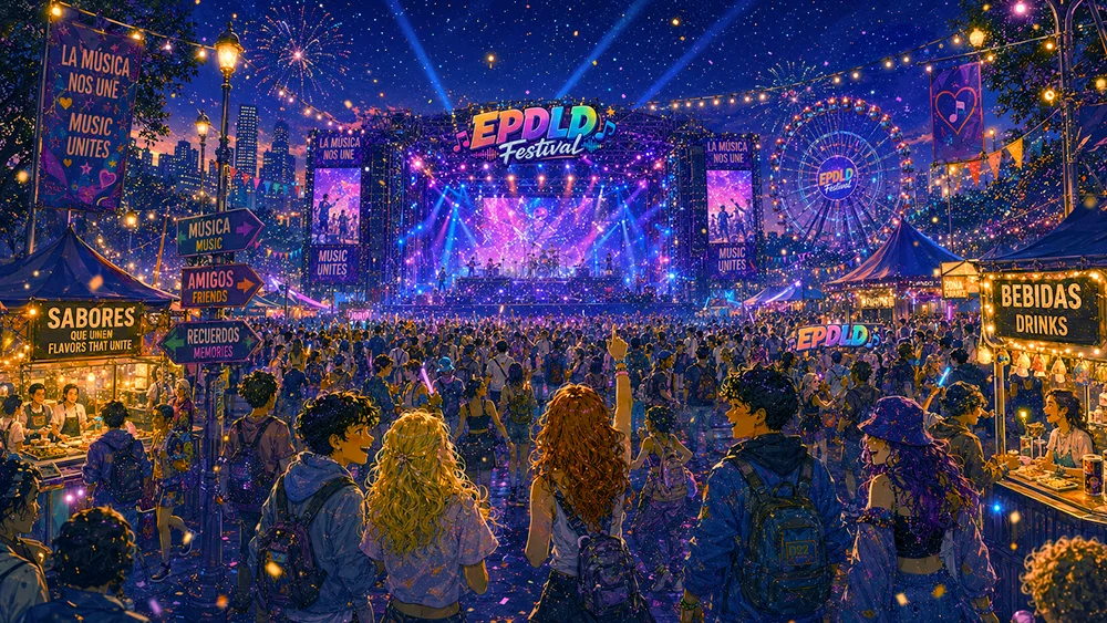 EPDLD Festival. Festival de música por la noche con luces de colores, escenario iluminado y público disfrutando.