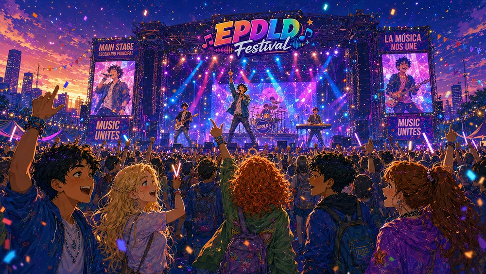 EPDLD Festival. Escenario principal de un festival de música con luces y público disfrutando del concierto.