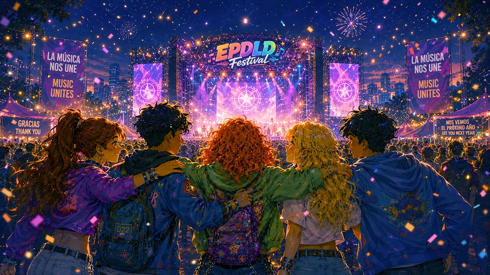 EPDLD Festival. Unidos por la música. Grupo de amigos mirando el concierto final de un festival de música.