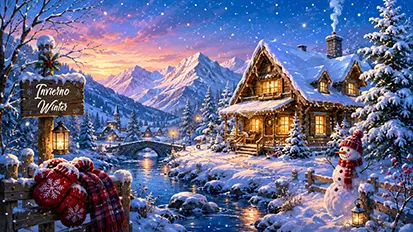 Paisaje invernal con cabaña