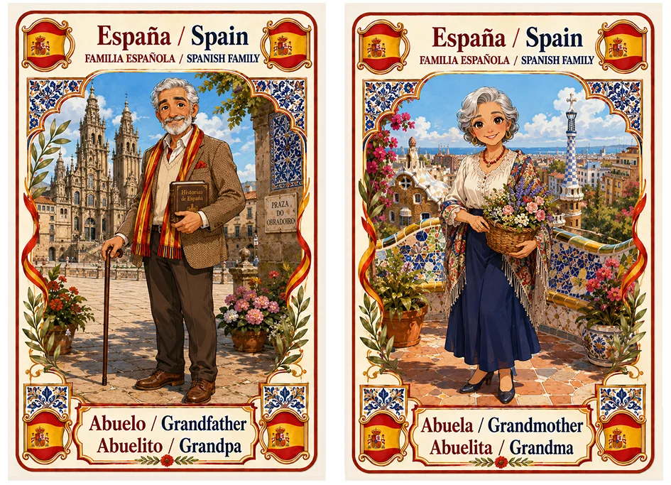 Juego de cartas familias del mundo. España abuelo y abuela.
