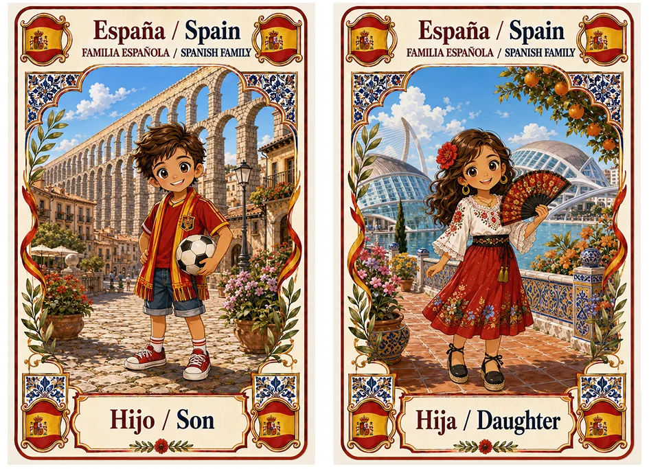 Juego de cartas familias del mundo. España hijo e hija.