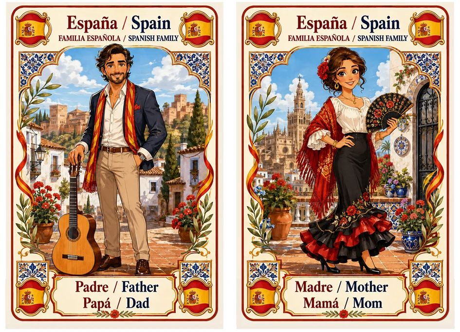 Juego de cartas familias del mundo. España padre y madre.