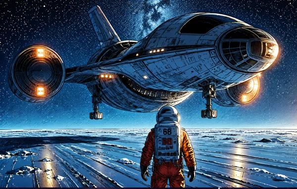 Download Astronaut and Starship exploring an unknown world