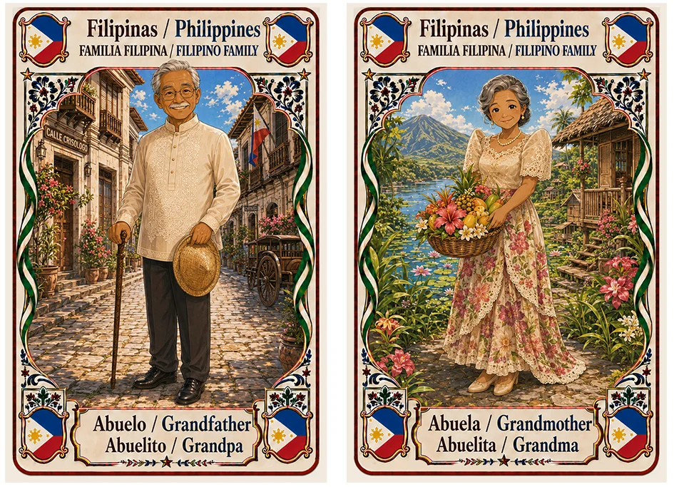 Juego de cartas familias del mundo. Filipinas, abuelo y abuela.
