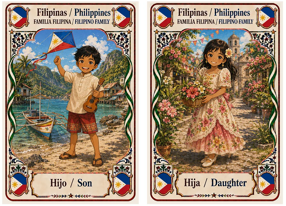 Juego de cartas familias del mundo. Filipinas hijo e hija.