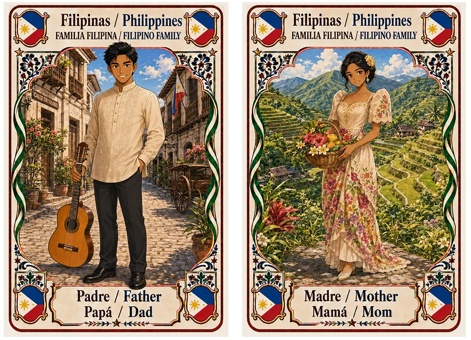 Juego de cartas familias del mundo. Filipinas, padre y madre.