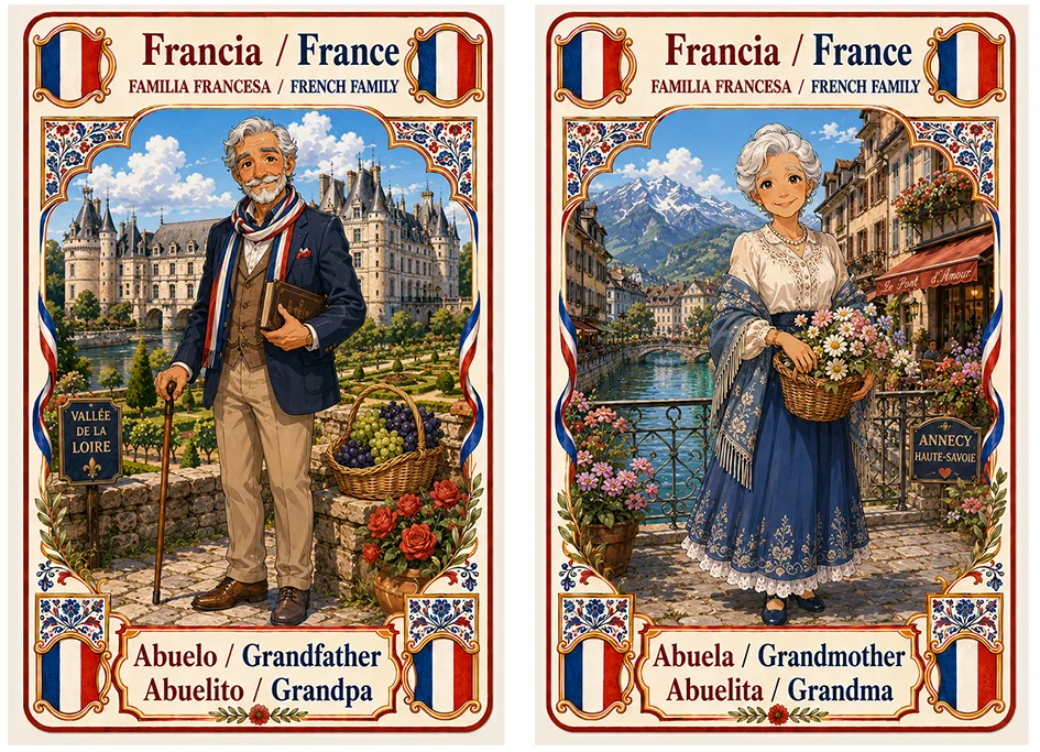 Juego de cartas familias del mundo. Francia, abuelo y abuela.