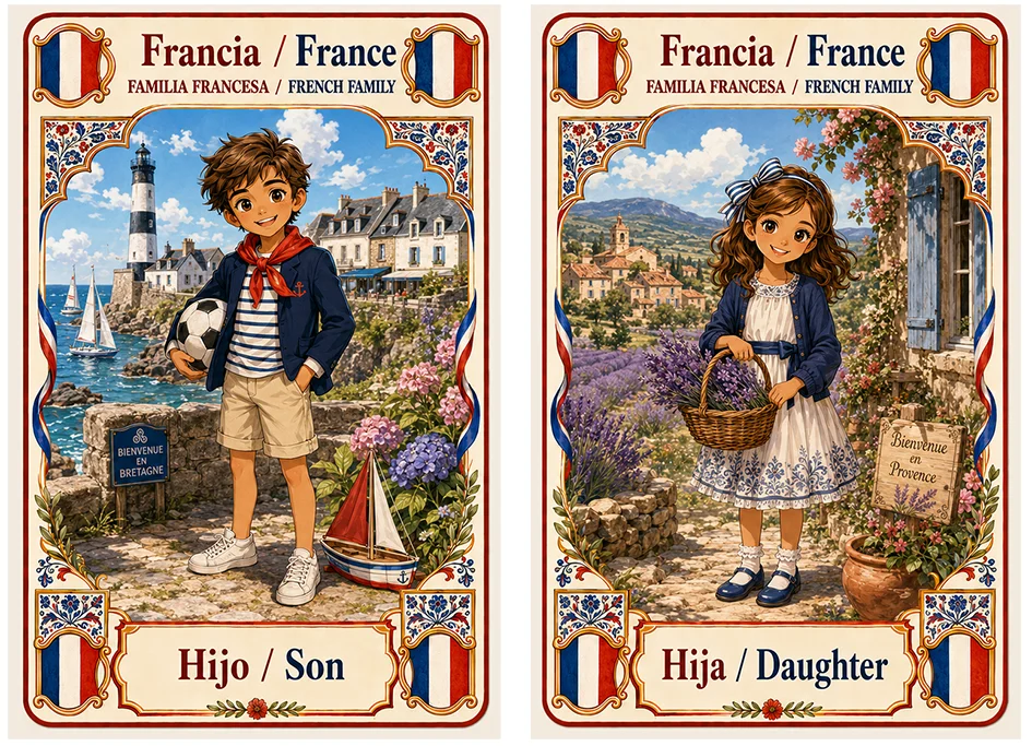 Juego de cartas familias del mundo. Francia, hijo e hija.