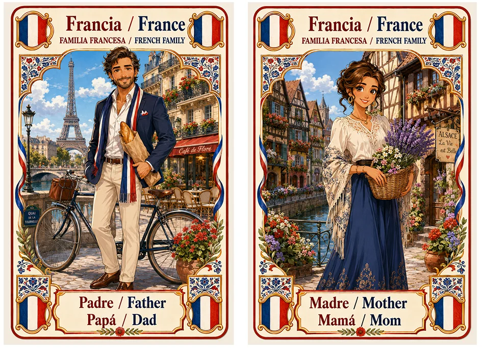 Juego de cartas familias del mundo. Francia, padre y madre.