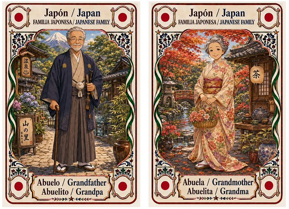 Juego de cartas familias del mundo. Japón, abuelo y abuela.