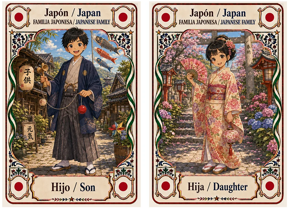 Juego de cartas familias del mundo. Japón, hijo e hija.