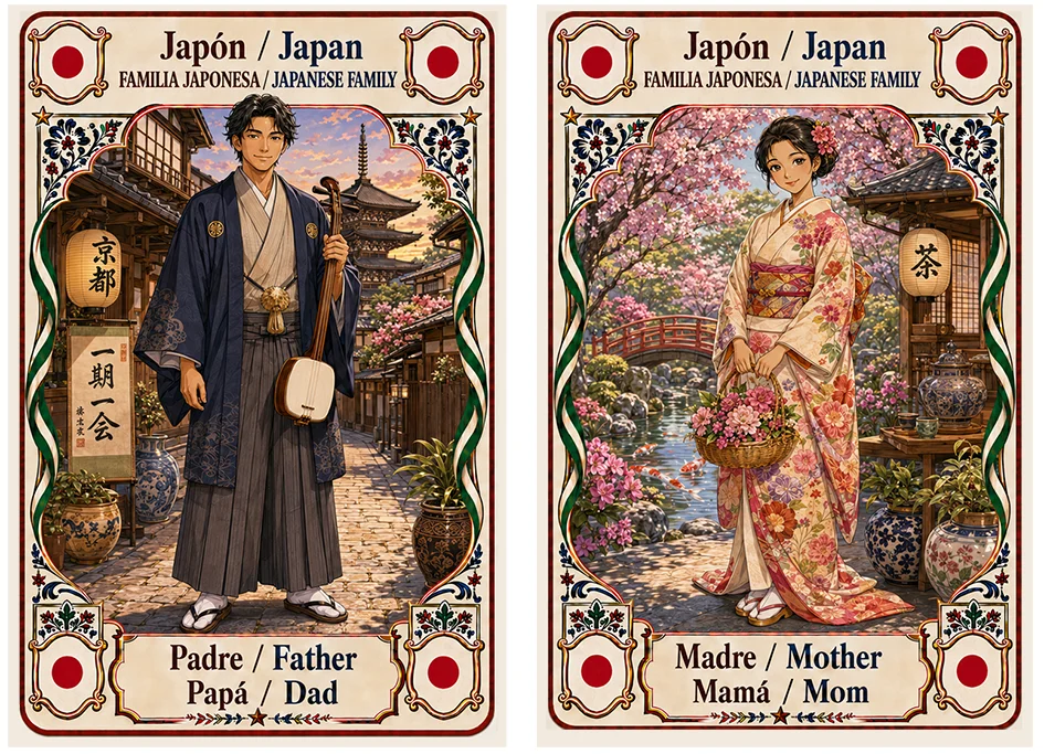 Juego de cartas familias del mundo. Japón, padre y madre.