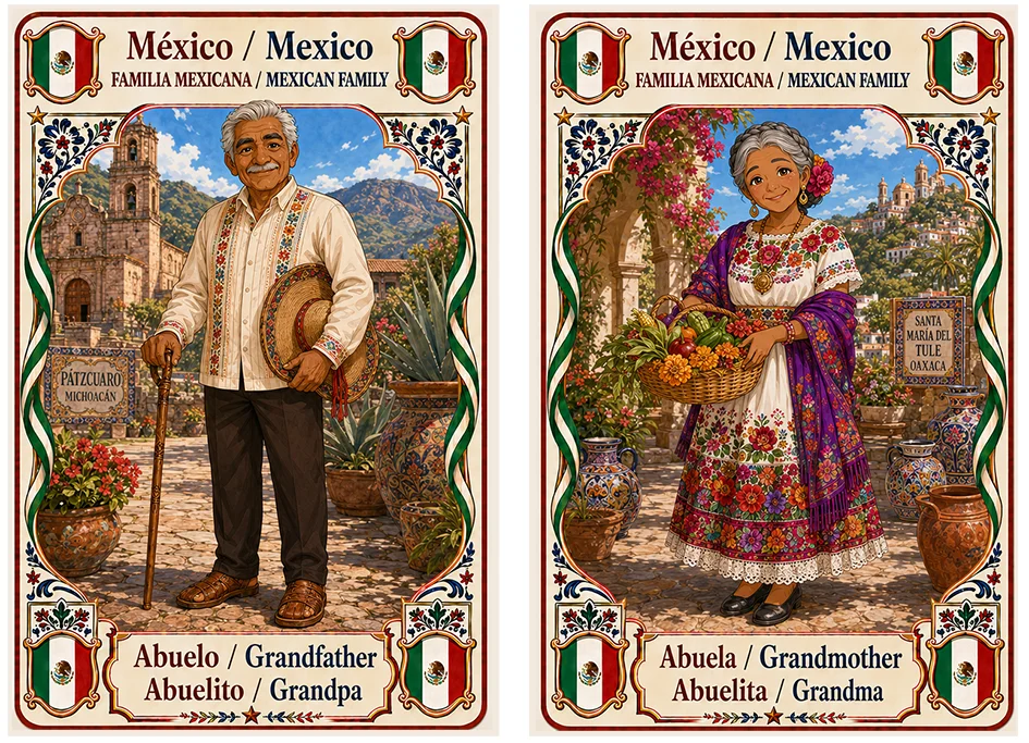 Juego de cartas familias del mundo. México, abuelo y abuela.