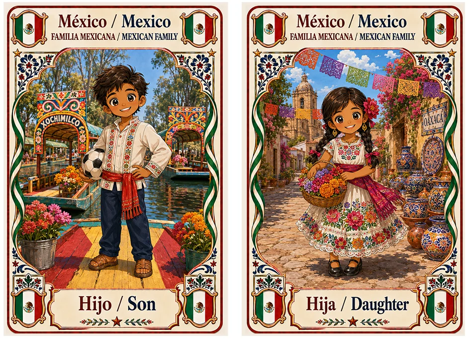 Juego de cartas familias del mundo. México hijo e hija.