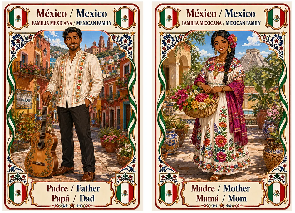 Juego de cartas familias del mundo. México, padre y madre.