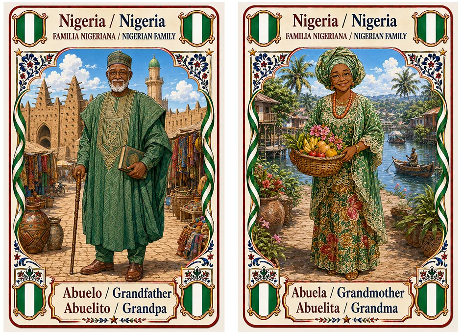 Juego de cartas familias del mundo. Nigeria abuelo y abuela.
