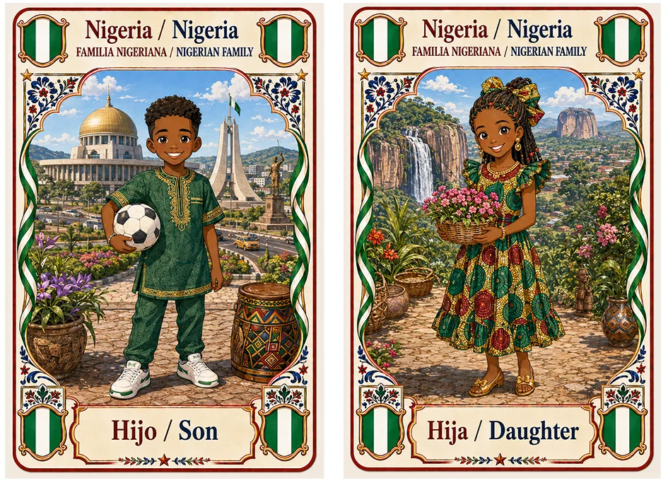 Juego de cartas familias del mundo. Nigeria, hijo e hija.