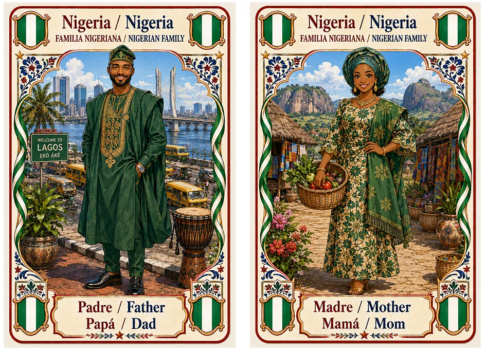 Juego de cartas familias del mundo. Nigeria padre y madre.