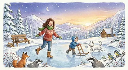 Ilustración infantil en acuarela de una madre y su hijo patinando sobre un lago congelado en invierno, acompañados por su perro y animales del bosque.