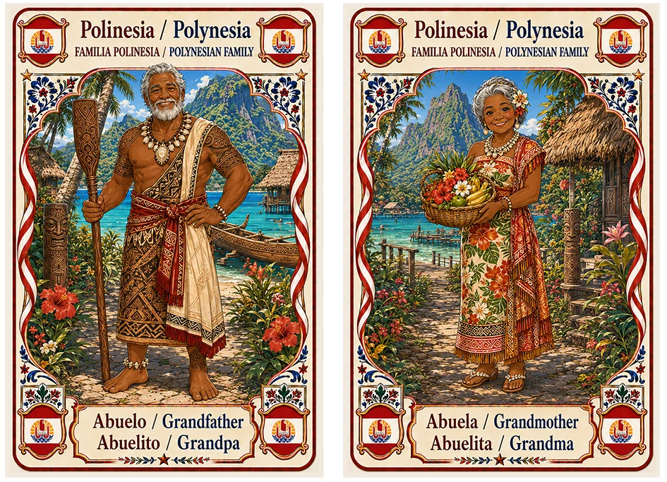 Juego de cartas familias del mundo. Polinesia abuelo y abuela.