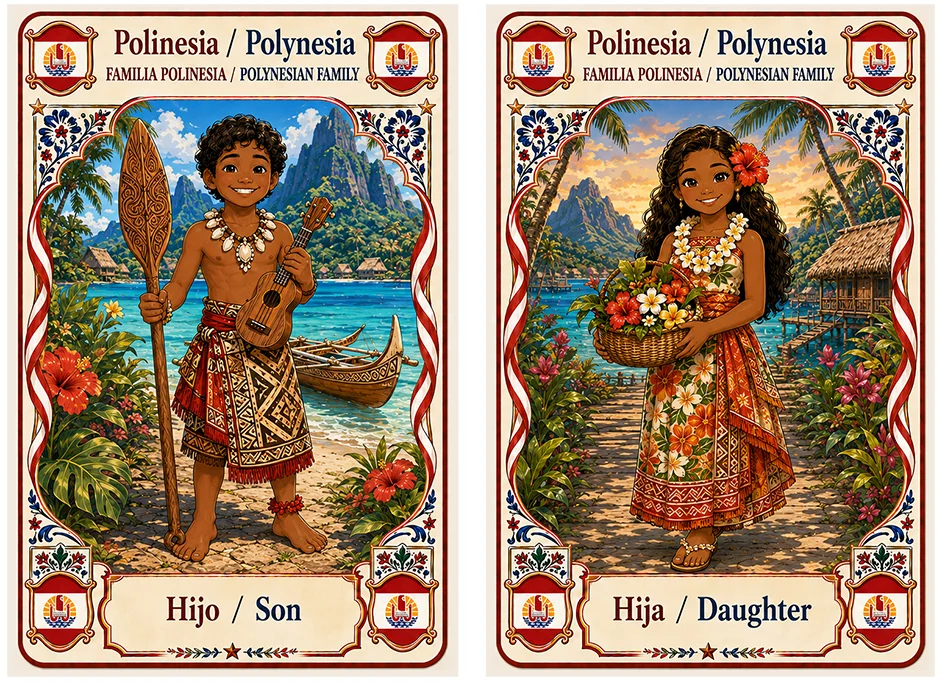 Juego de cartas familias del mundo. Polinesia, hijo e hija.