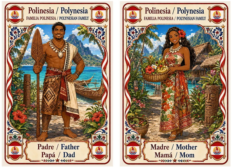 Juego de cartas familias del mundo. Polinesia padre y madre.