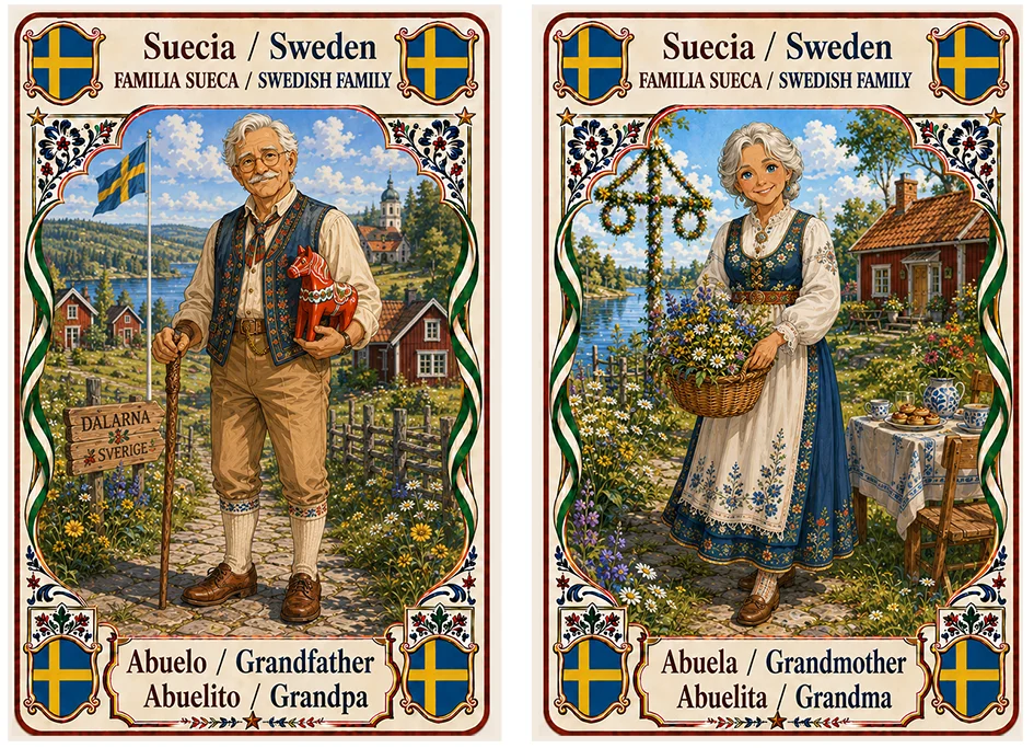 Juego de cartas familias del mundo. Suecia, abuelo y abuela.