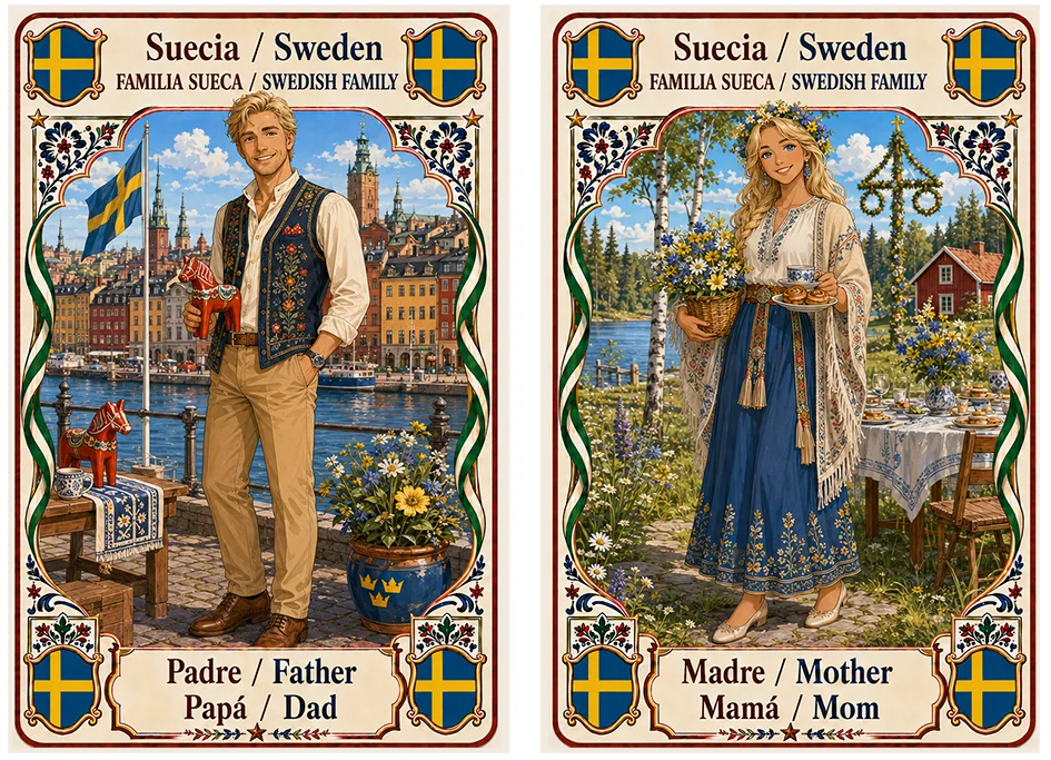 Juego de cartas familias del mundo. Suecia, padre y madre.