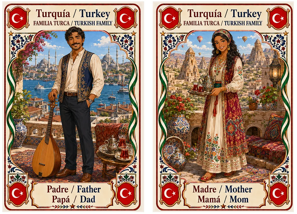 Juego de cartas familias del mundo. Turquía, padre y madre.