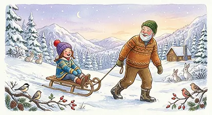 Ilustración de un abuelo tirando de un trineo con una niña riendo en un paisaje de montaña invernal, rodeados de animales del bosque curiosos y una cabaña