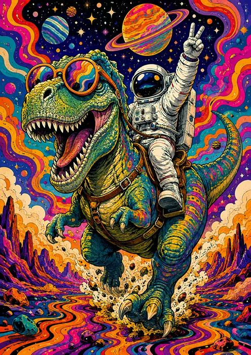 Psychedelic illustration of an astronaut riding a dinosaur.