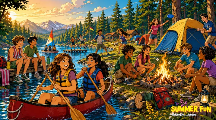 Campamento de verano al atardecer.