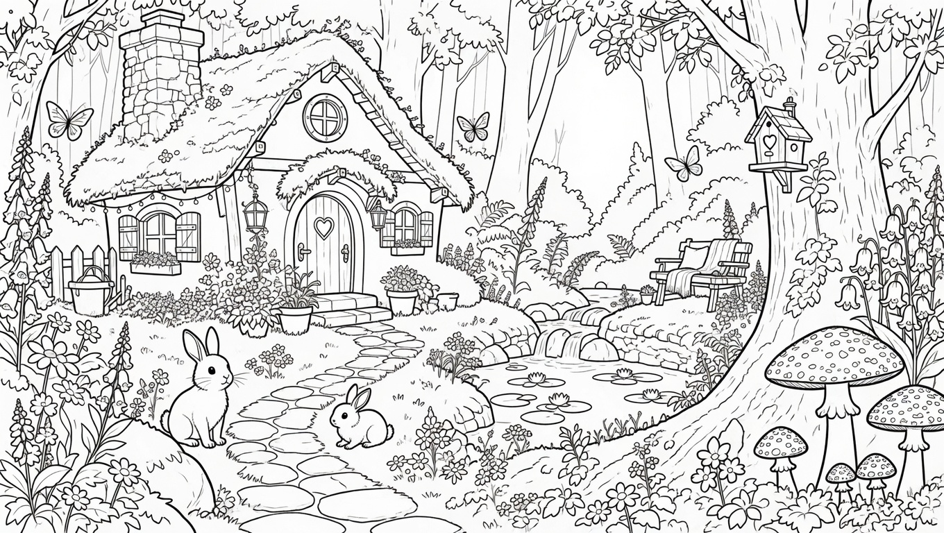Dibujo de una cabaña en el bosque para colorear. Dibujo de una cabaña en el bosque para colorear.
