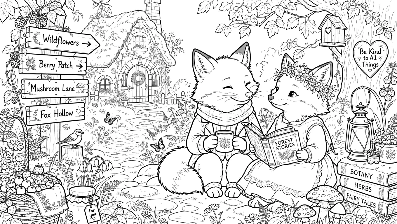 Dibujo de estilo cottagecore para colorear unos zorros en el bosque. Dibujo de estilo cottagecore para colorear unos zorros en el bosque.