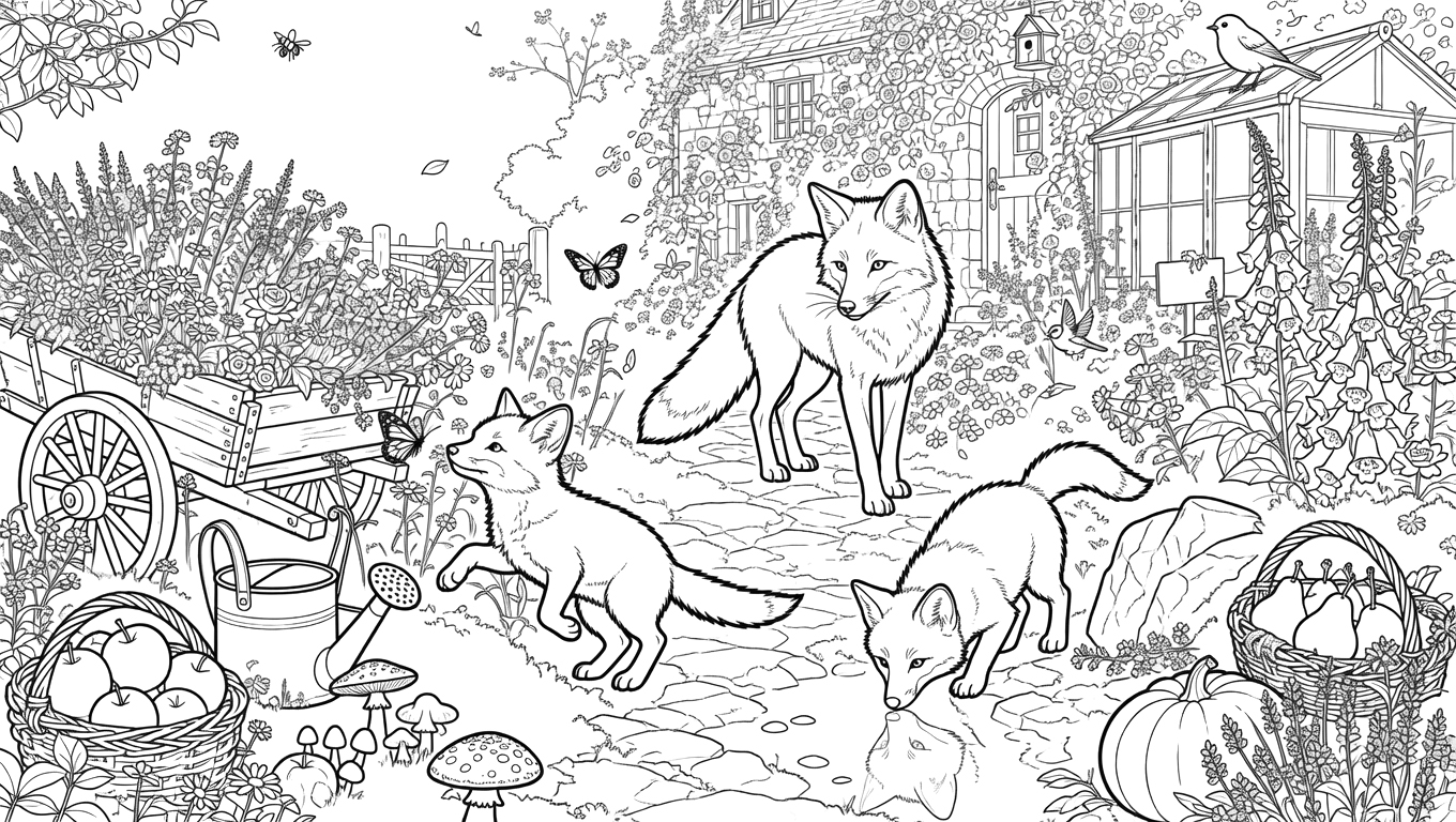 Imagen para colorear unos zorros en un jardín encantado. Imagen para colorear unos zorros en un jardín encantado.