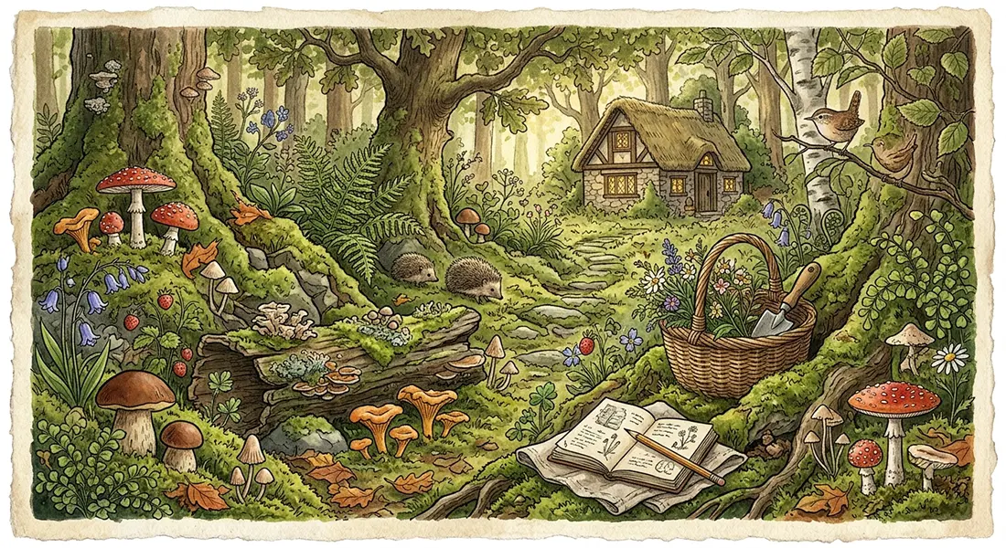 El bosque silvestre y natural, ilustración de estética cottagecore. El bosque silvestre y natural, ilustración de estética cottagecore.