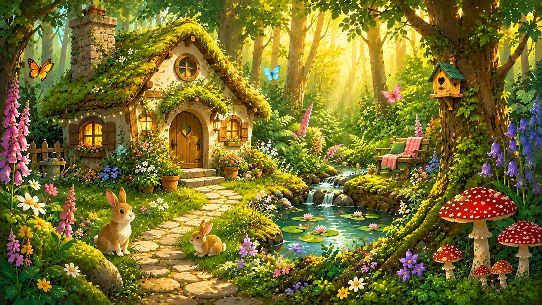Ilustración de estilo cottagecore: Casa en el bosque entrañable