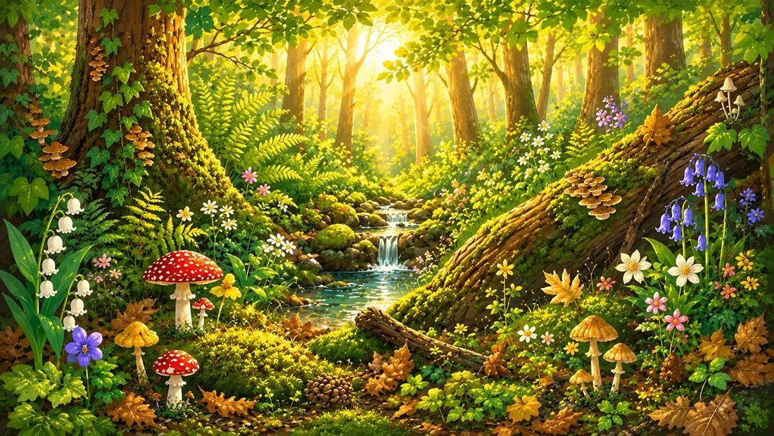 Ilustración de estilo cottagecore: El bosque silvestre y tranquilo. Ilustración de estilo cottagecore: El bosque silvestre y tranquilo.