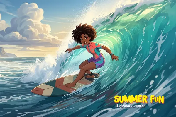 Summer illustration image of a girl surfing 4.