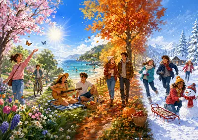 Colección de dibujos para colorear e ilustraciones de las 4 estaciones del año, Primavera, Verano Otoño e Invierno.