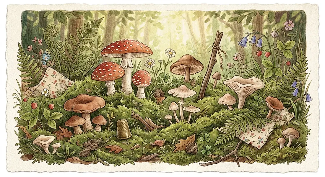 Ilustración de estética Cottagecore, el bosque silvestre, setas musgo y detalles botánicos. Ilustración de estética Cottagecore, el bosque silvestre, setas musgo y detalles botánicos.
