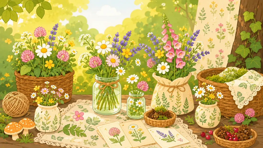Estética Cottagecore: Mesa rústica con flores silvestres, versión ilustración sencilla. Estética Cottagecore: Mesa rústica con flores silvestres, versión ilustración sencilla.