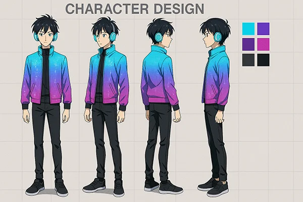 Plantilla para la creación de un personaje principal de película de animación o anime. Hoja de modelo nº 1, imagen grande.