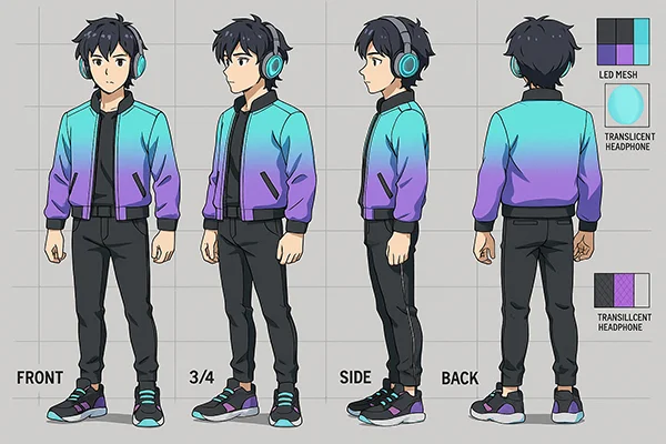 Plantilla para la creación de un personaje principal de película de animación o anime. Hoja de modelo nº 2.