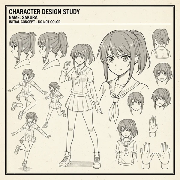 Plantilla para la creación de un personaje principal de película de animación o anime. Hoja de modelo (Model Sheet) nº 5