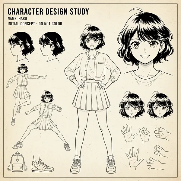 Plantilla para la creación de un personaje principal de película de animación o anime. Hoja de modelo (Model Sheet) nº 6