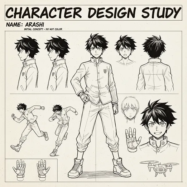Plantilla para la creación de un personaje principal de película de animación o anime. Hoja de modelo (Model Sheet) nº 4